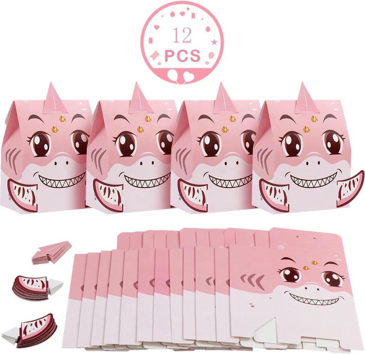 Uitdeeldoosjes Sharkie roze 12 Stuks - Traktatie boxen voor Uitdeelcadeautjes - Uitdeelcadeau Kinderfeestje - Kinderen